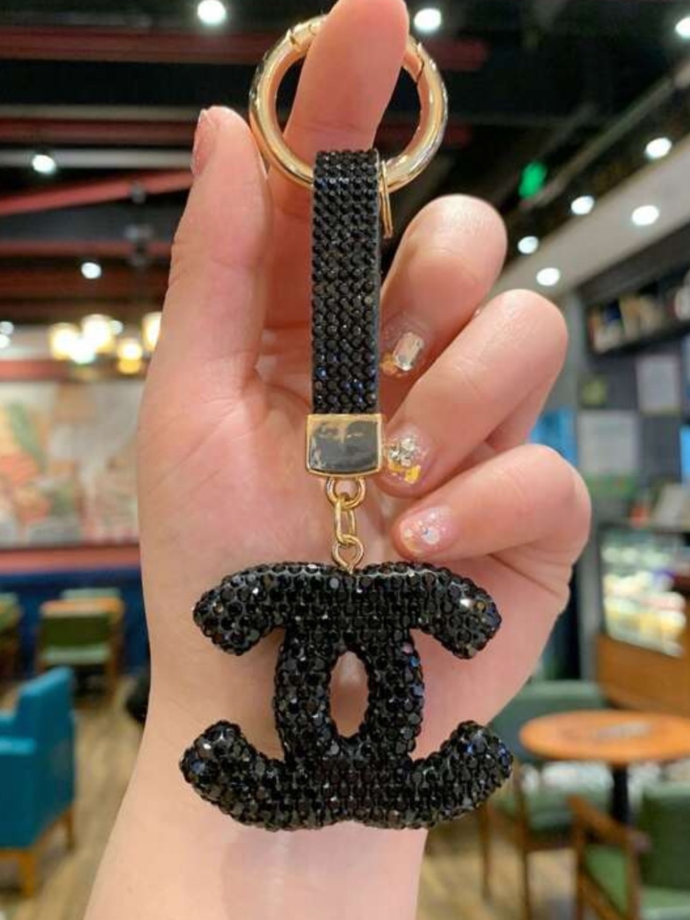 Black double C Crystal Interlocking Logo Keychain bag charm nwt